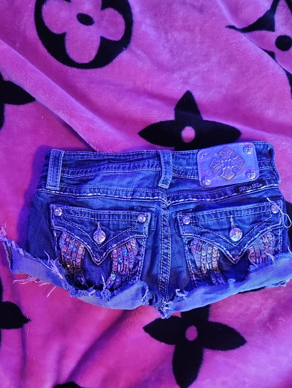 Miss Me Blue Blue Sequin Wing Mini Shorts